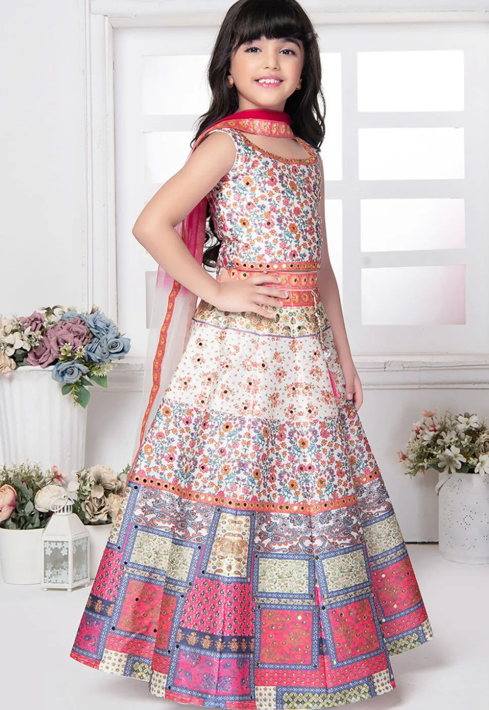Digital Printed Polyester Lehenga in Off White and Multicolor