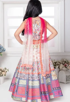 Digital Printed Polyester Lehenga in Off White and Multicolor