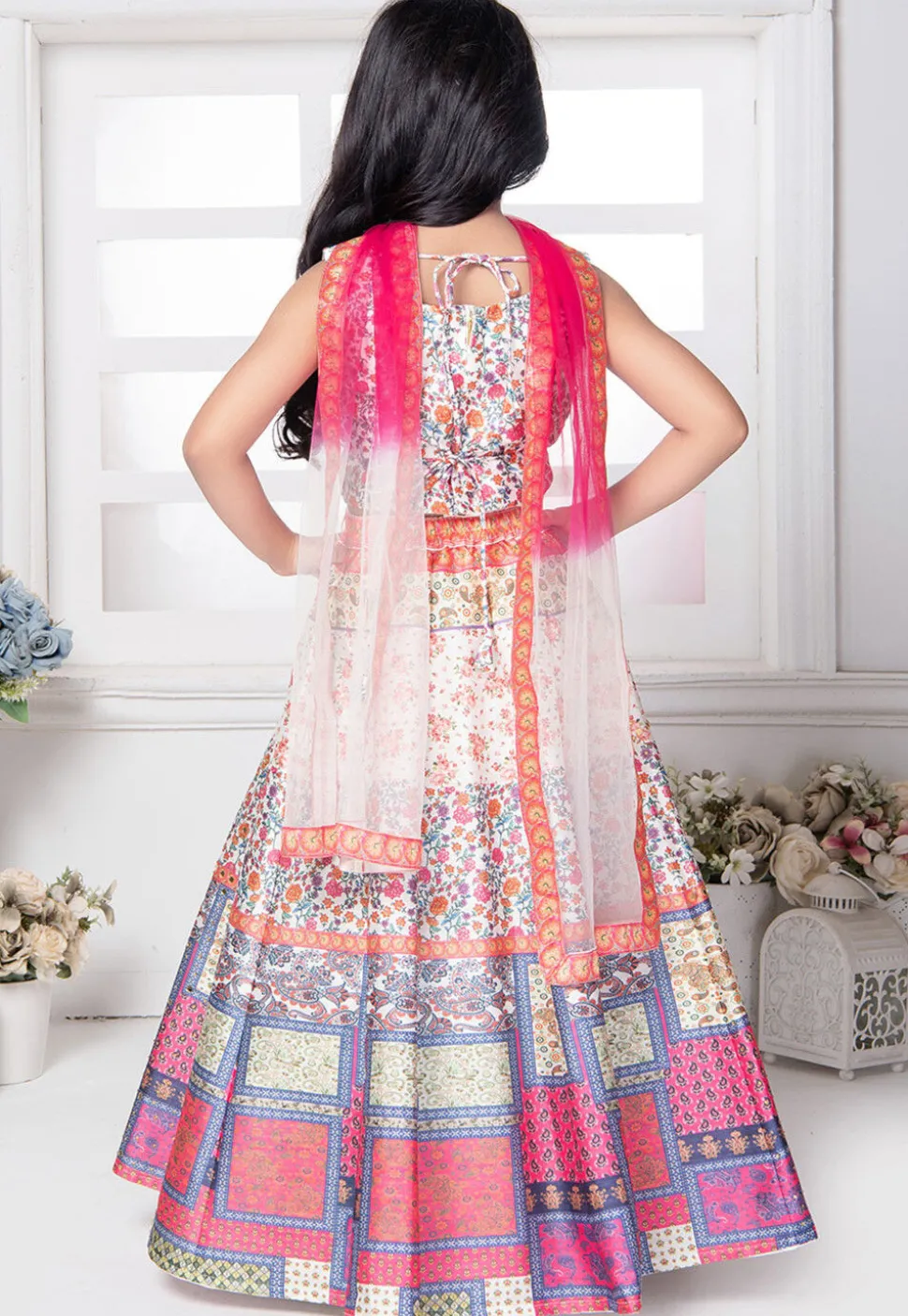 Digital Printed Polyester Lehenga in Off White and Multicolor