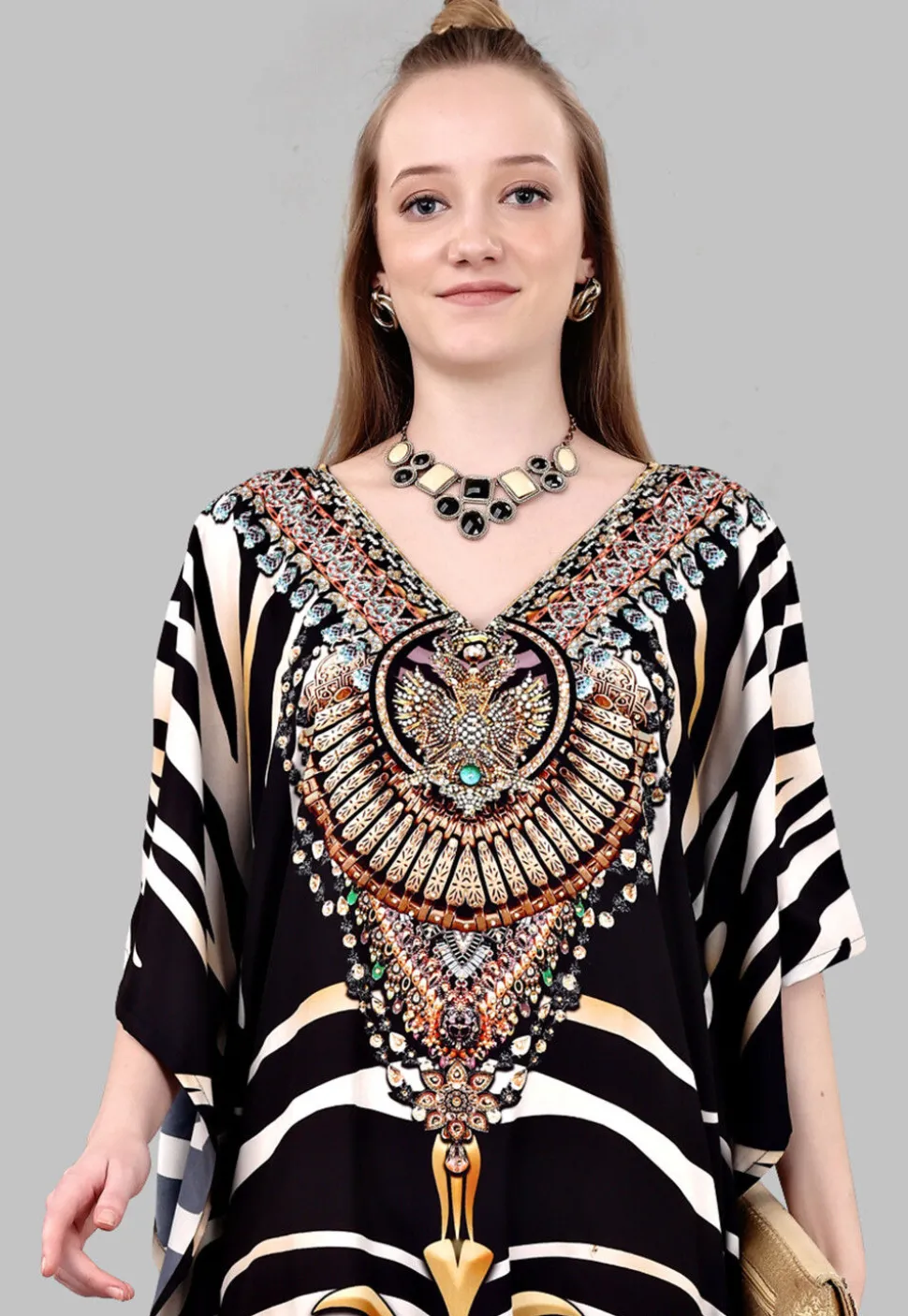 Digital Printed Polyester Kaftan in Black