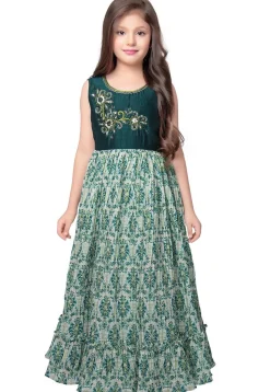 Digital Printed Polyester Gown in Teal Green