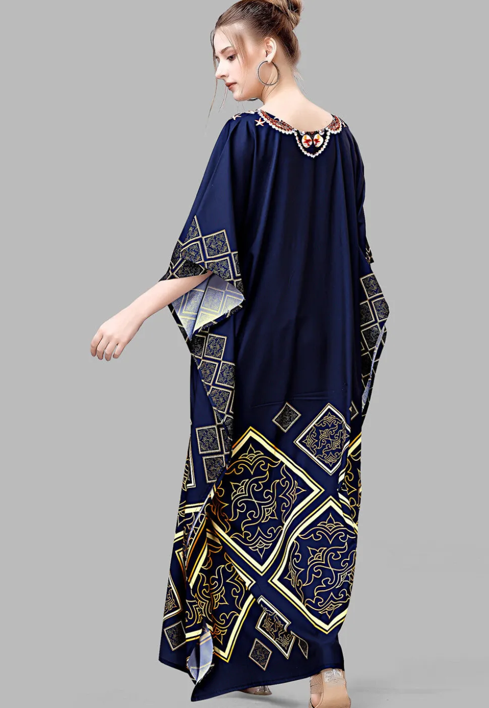 Digital Printed Polyester Kaftan in Blue
