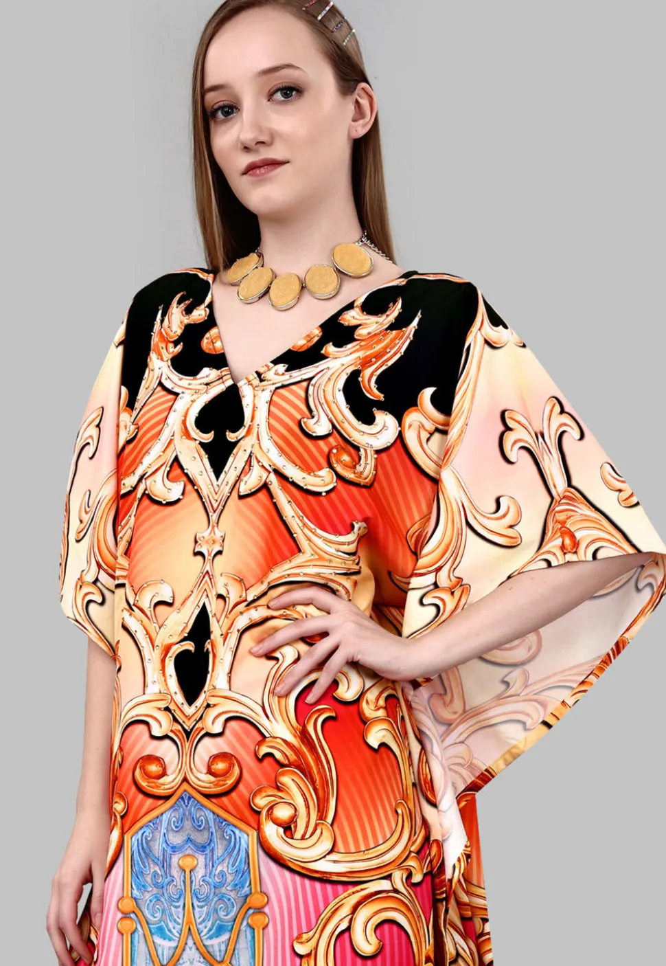 Digital Printed Polyester Kaftan in Multicolor