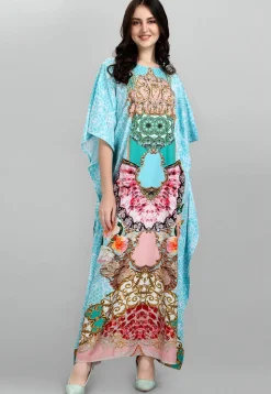 Digital Printed Polyester Kaftan in Light Blue