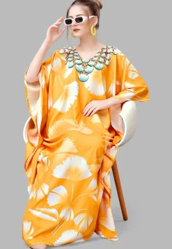 Digital Printed Polyester Kaftan in Yellow