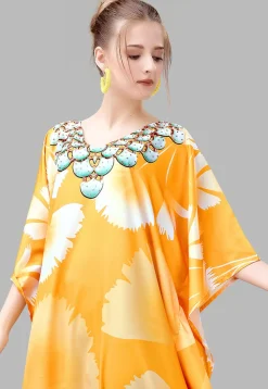 Digital Printed Polyester Kaftan in Yellow