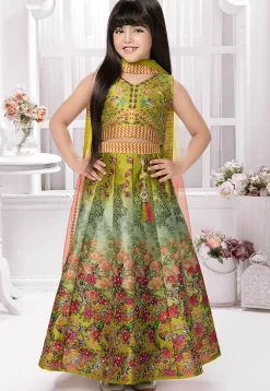 Digital Printed Polyester Lehenga in Olive Green