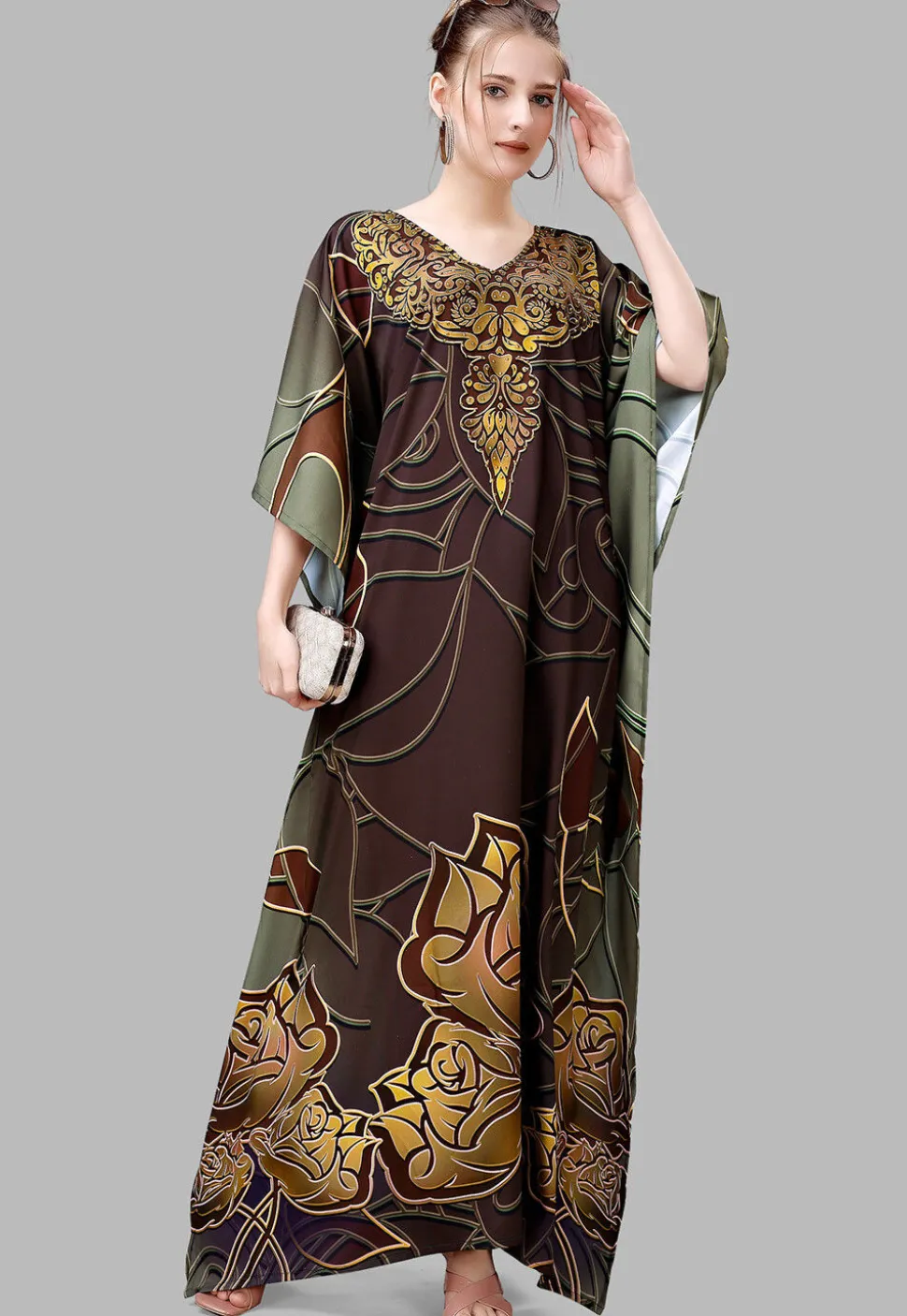 Digital Printed Polyester Kaftan in Brown
