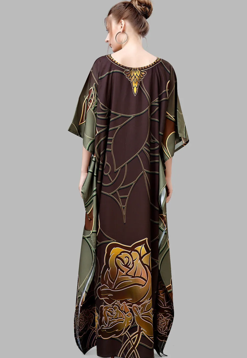 Digital Printed Polyester Kaftan in Brown