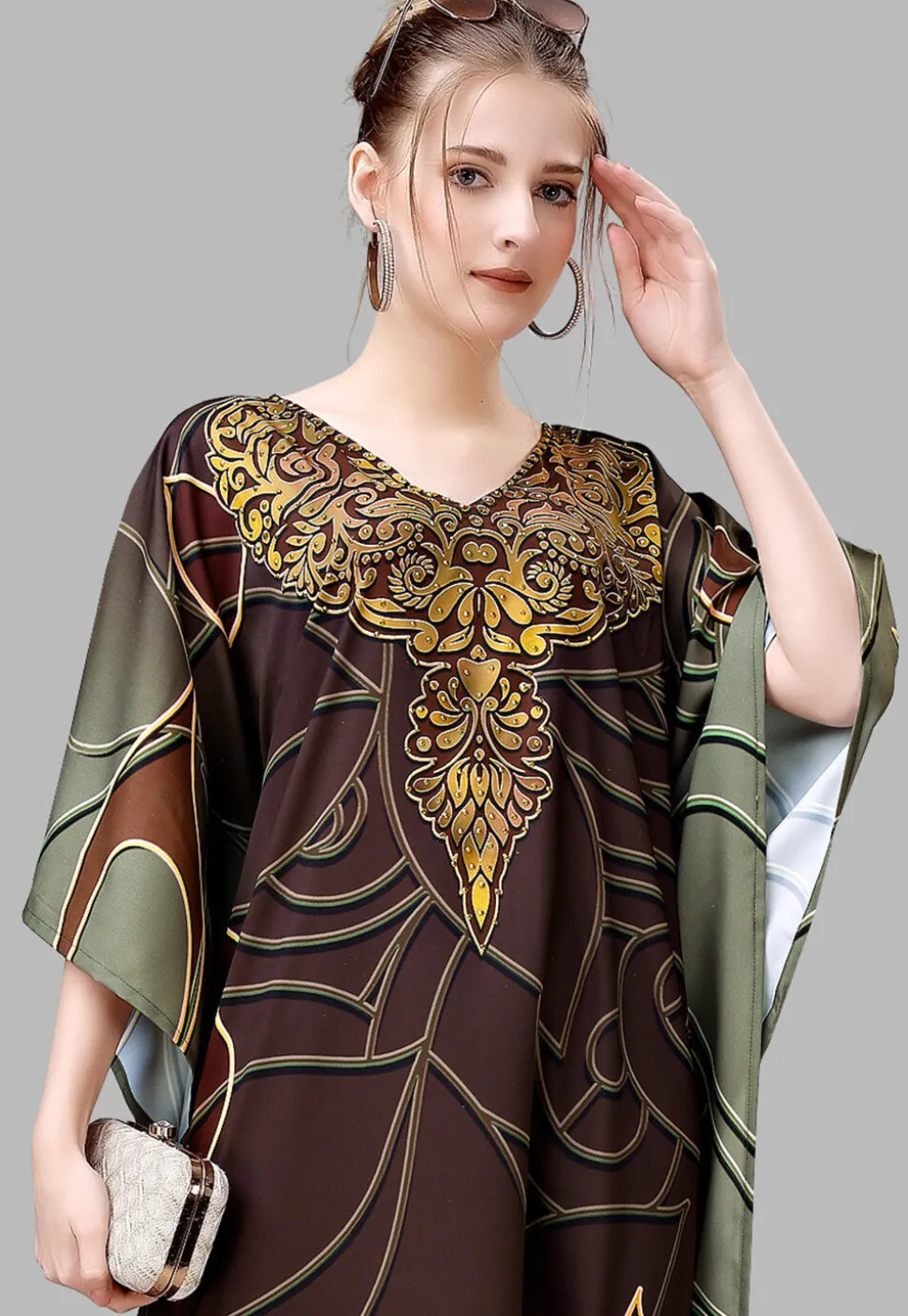 Digital Printed Polyester Kaftan in Brown