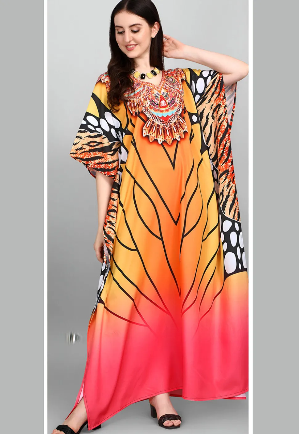 Digital Printed Polyester Kaftan in Orange