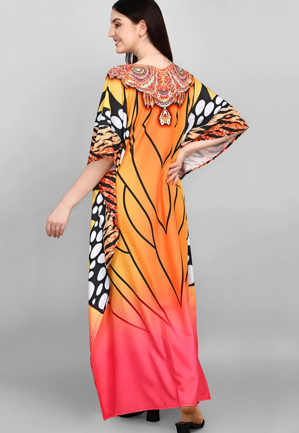 Digital Printed Polyester Kaftan in Orange