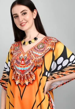 Digital Printed Polyester Kaftan in Orange