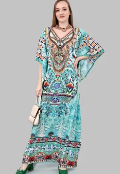 Digital Printed Polyester Kaftan in Blue