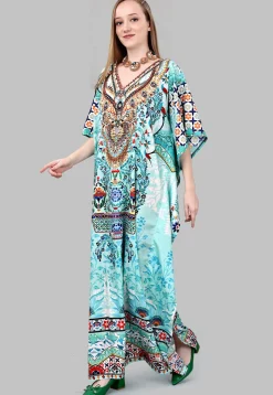 Digital Printed Polyester Kaftan in Blue