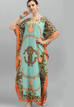 Digital Printed Polyester Kaftan in Sea Green