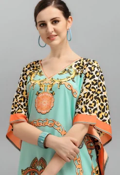 Digital Printed Polyester Kaftan in Sea Green