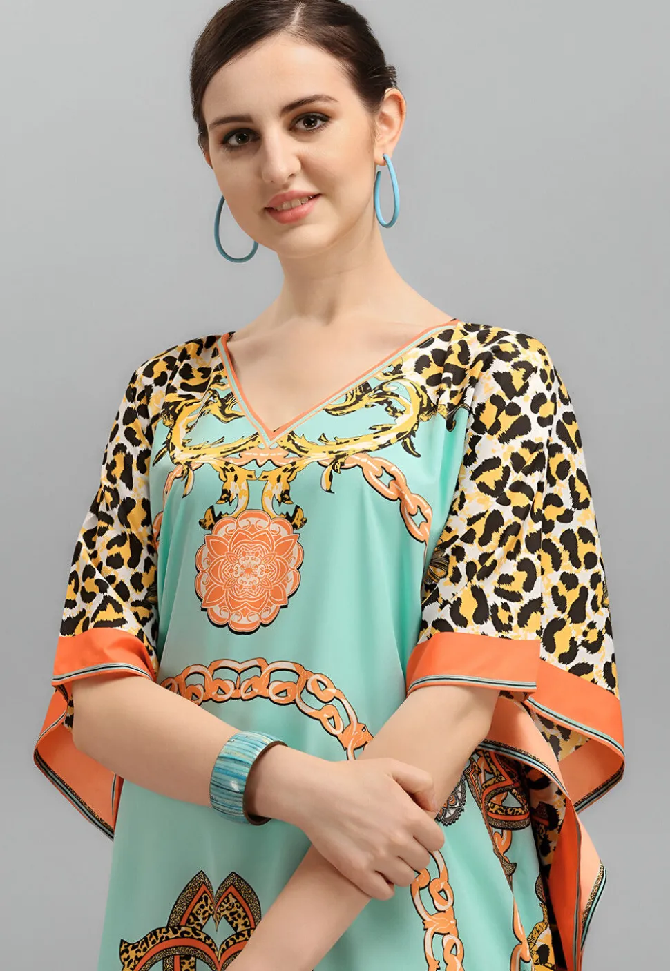 Digital Printed Polyester Kaftan in Sea Green