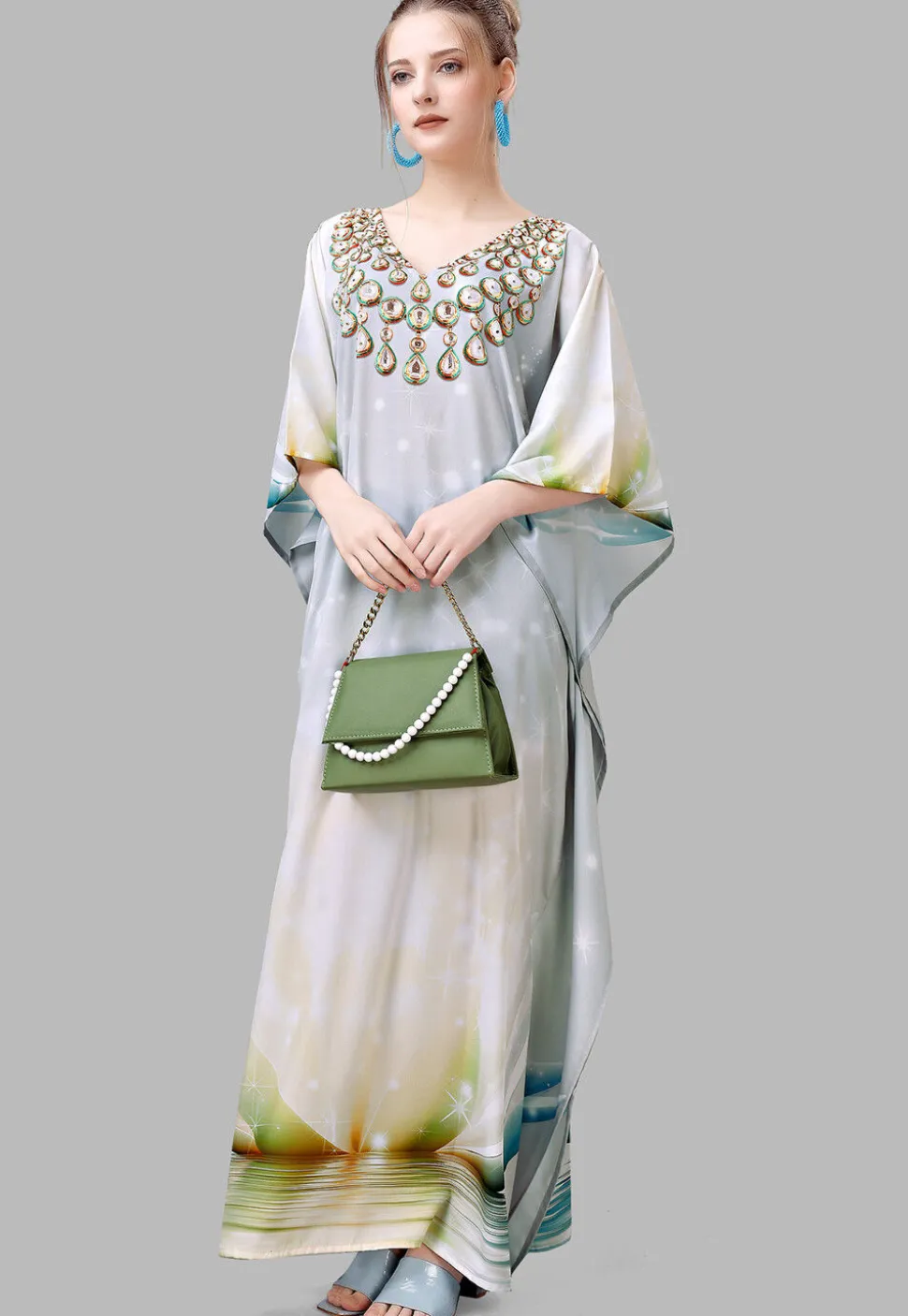 Digital Printed Polyester Kaftan in Grey