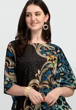 Digital Printed Polyester Kaftan in Black