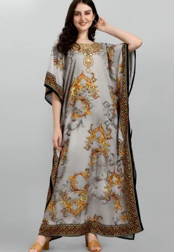 Digital Printed Polyester Kaftan in Grey