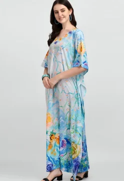 Digital Printed Polyester Kaftan in Light Blue