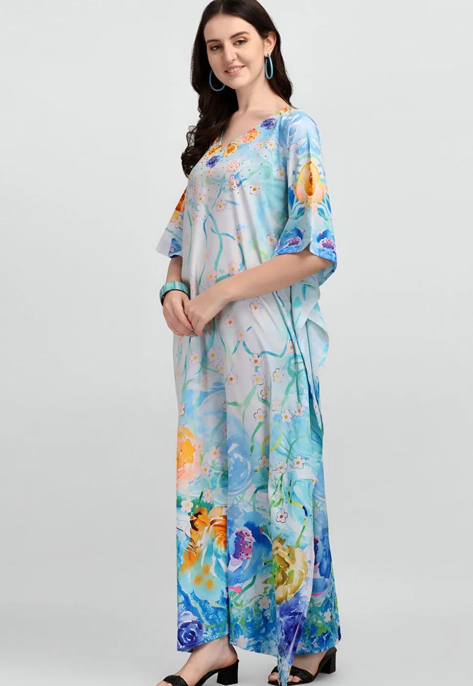 Digital Printed Polyester Kaftan in Light Blue
