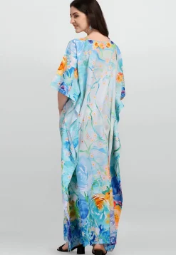 Digital Printed Polyester Kaftan in Light Blue