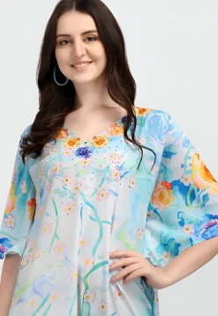 Digital Printed Polyester Kaftan in Light Blue