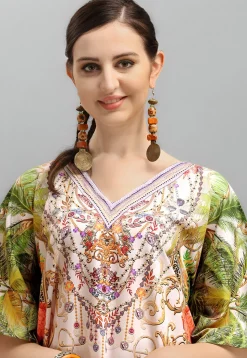 Digital Printed Polyester Kaftan in Off White and Multicolor