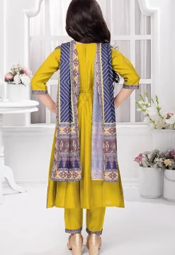 Digital Printed Polyester Anarkali Suit in Olive Green