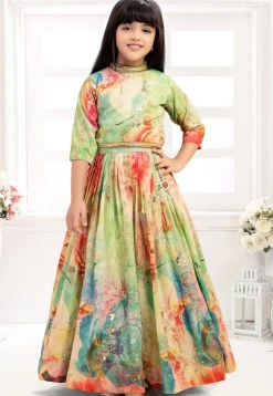 Digital Printed Polyester Lehenga in Multicolor