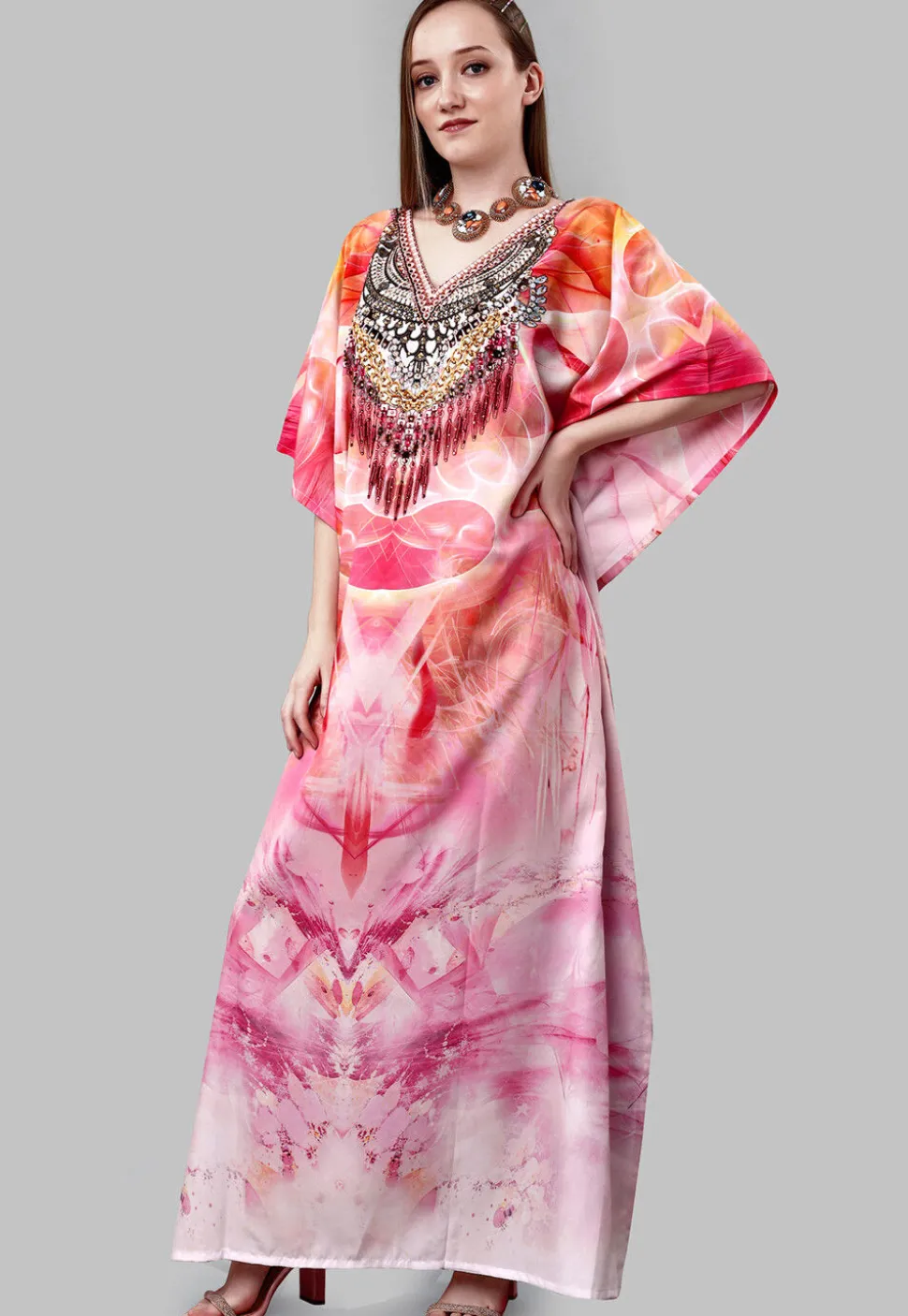 Digital Printed Polyester Kaftan in Multicolor