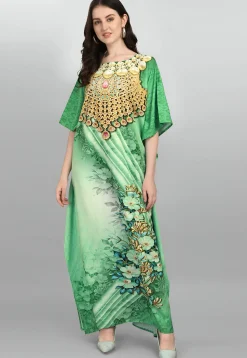 Digital Printed Polyester Kaftan in Light Green