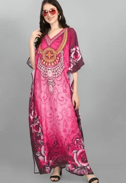 Digital Printed Polyester Kaftan in Pink