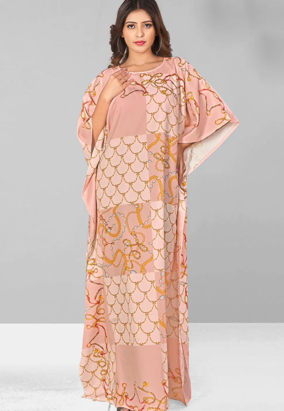 Digital Printed Polyester Kaftan in Peach