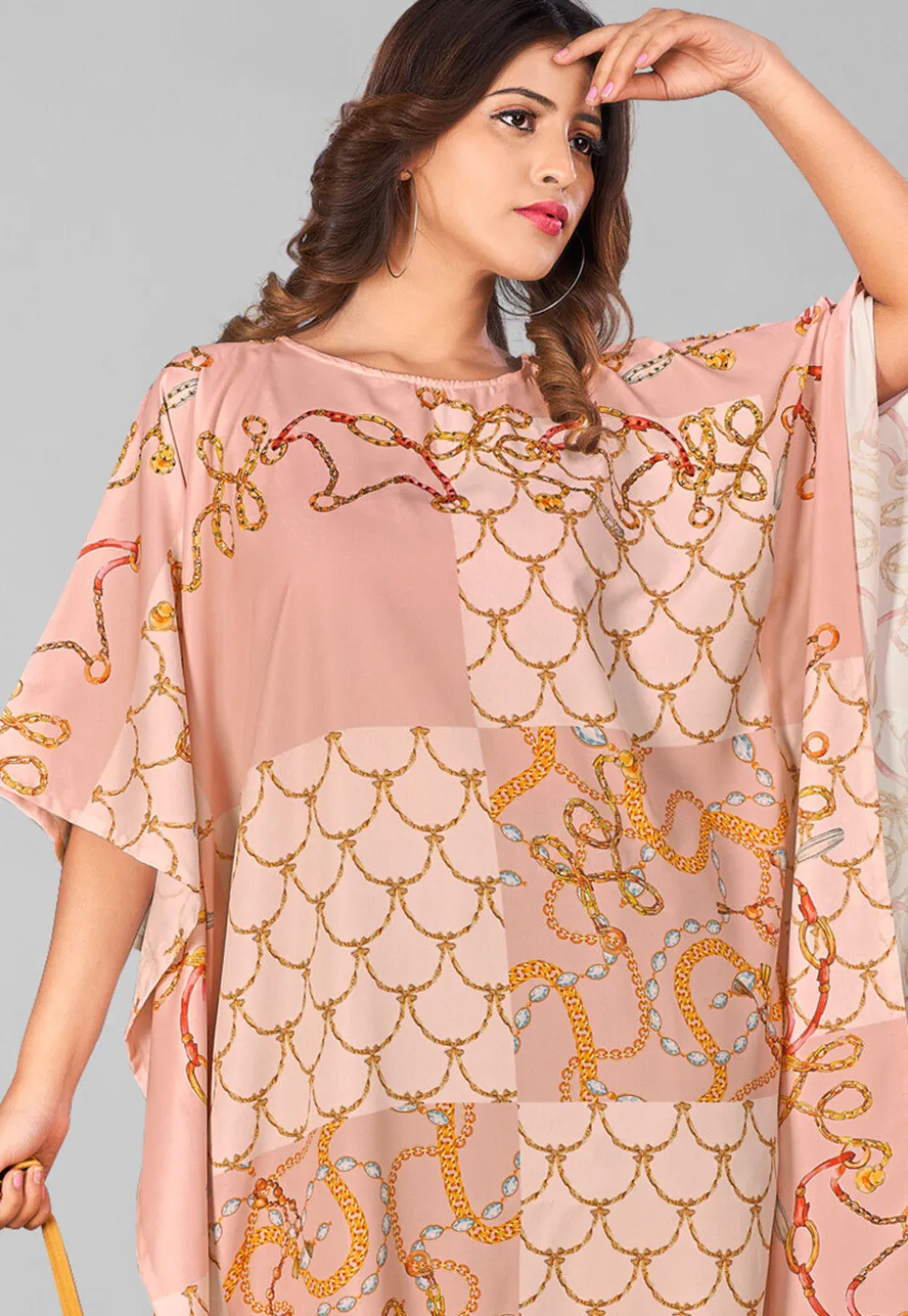 Digital Printed Polyester Kaftan in Peach
