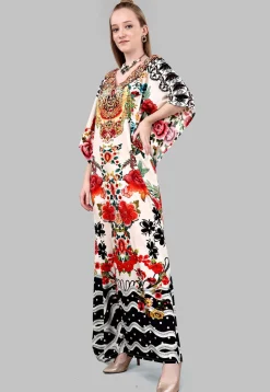 Digital Printed Polyester Kaftan in Off White