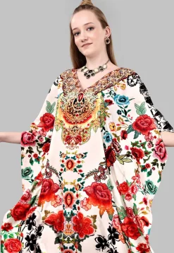 Digital Printed Polyester Kaftan in Off White