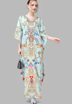 Digital Printed Polyester Kaftan in Light Blue