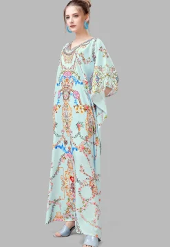 Digital Printed Polyester Kaftan in Light Blue