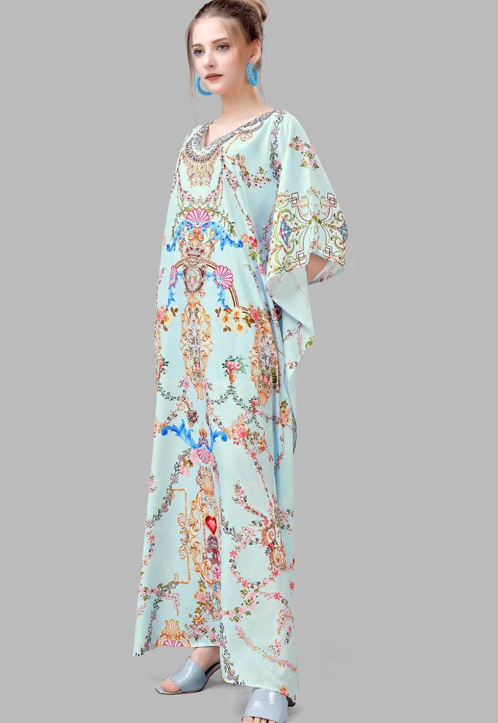 Digital Printed Polyester Kaftan in Light Blue