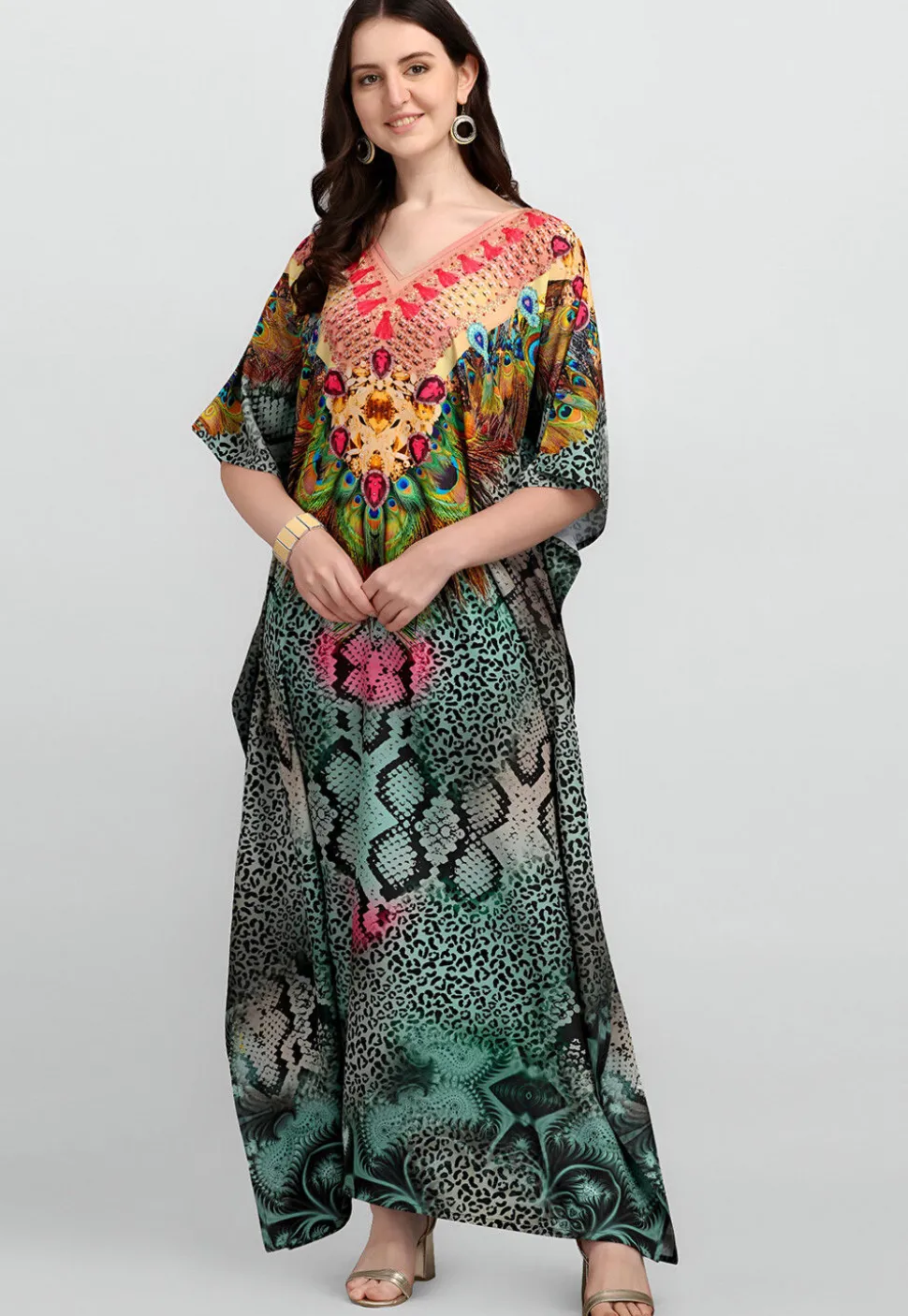 Digital Printed Polyester Kaftan in Multicolor