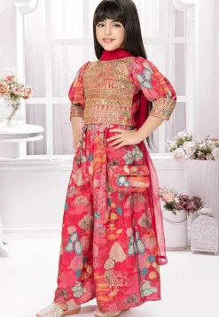 Digital Printed Polyester Crop Top Set in Pink