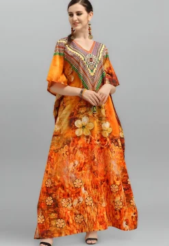 Digital Printed Polyester Kaftan in Orange