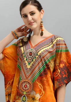Digital Printed Polyester Kaftan in Orange