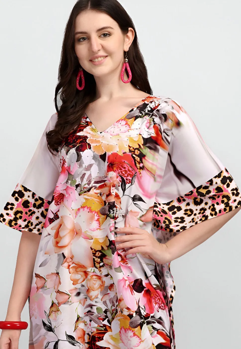 Digital Printed Polyester Kaftan in Off White