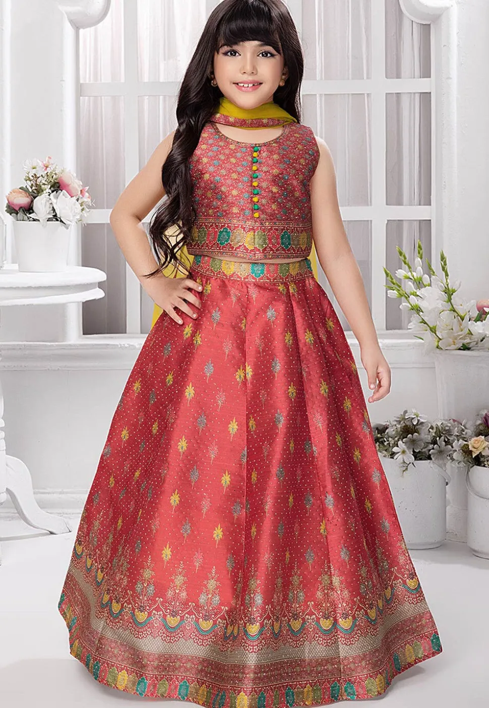 Digital Printed Polyester Lehenga in Rust