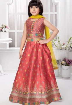 Digital Printed Polyester Lehenga in Rust