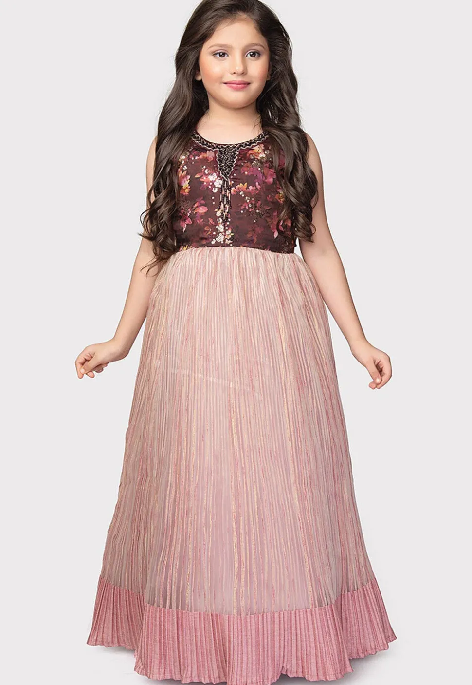 Digital Printed Polyester Gown in Maroon and Peach
